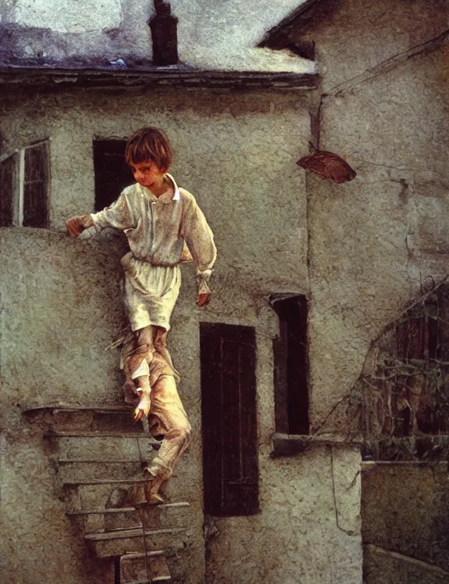 Prompt: peasant boy climbing stairs to the roof of a house, cottage core, cinematic focus, polaroid photo bleached vintage pastel colors high - key lighting, soft lights, foggy, by steve hanks, by lisa yuskavage, by serov valentin, by tarkovsky, detailed, oil on canvas