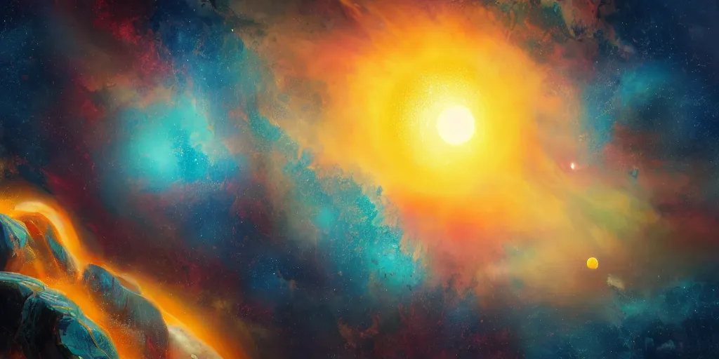 Prompt: a detailed matte painting of a marble - like water planet with continents orbiting a yellow sun in a sea of stars surrounded by colorful swirling gas clouds, by petros afshar, marc simonetti and alena aenami, trending on artstation, deviantart, planet, earth, exoplanet, stars, hubble, 8 k, 4 k