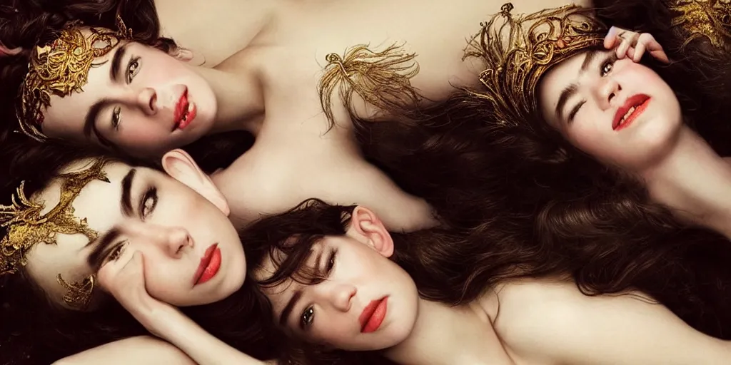 Prompt: stunning photo of dark - haired goddesses vanessa kirby, hailee steinfeld, and bjork smiling, laying back on pillows, with wet faces, wet lips, perfect eyes, insanely detailed, elegant, by mucha, wlop, rutkowski, livia prima