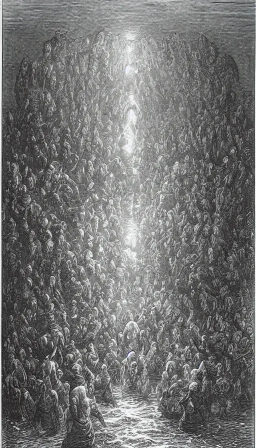 Prompt: one hundred hooded cultists, under the sea, dark fantasy illustration, gustave dore