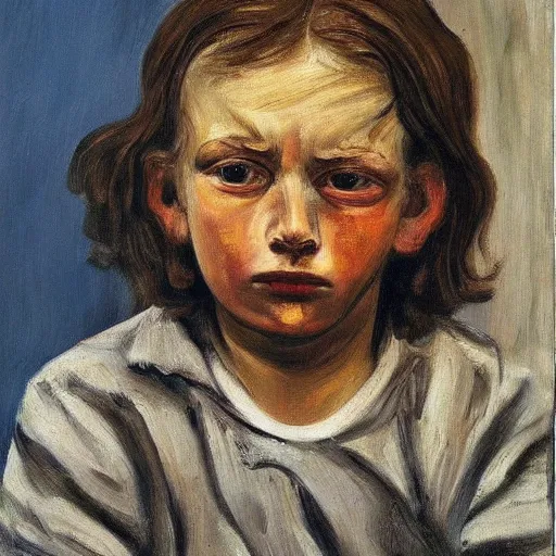 Prompt: Oil painting Portrait of a sad child, by Lucian Freud, Abstract brush strokes, Masterpiece