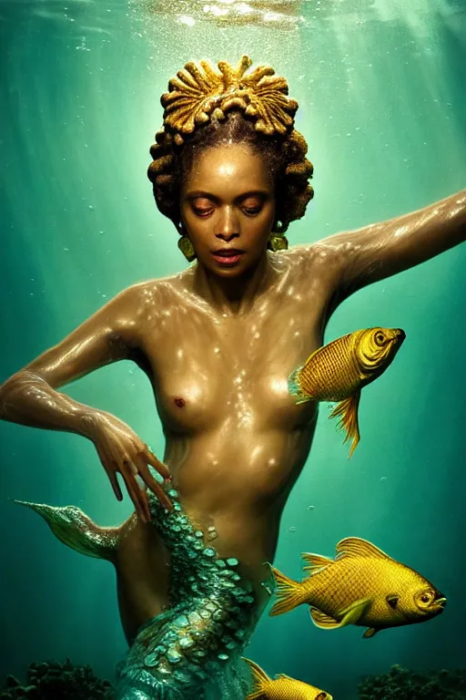 Image similar to hyperrealistic neo - rococo cinematic half underwater scene with fish and algae, very expressive! translucent elegant african goddess getting out of water, gold jewerly, highly detailed face, digital art masterpiece, aykut aydogdu zener, dramatic volumetric light, long shot, low angle uhd 8 k, sharp focus