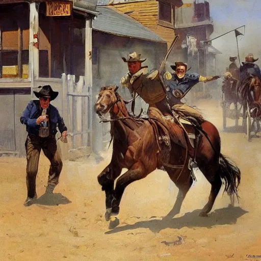 Image similar to cowboys shoot it out in a bar of a western town, 1890s, dynamic, by tom lovell and frank schoonover and dean cornwell and phil hale