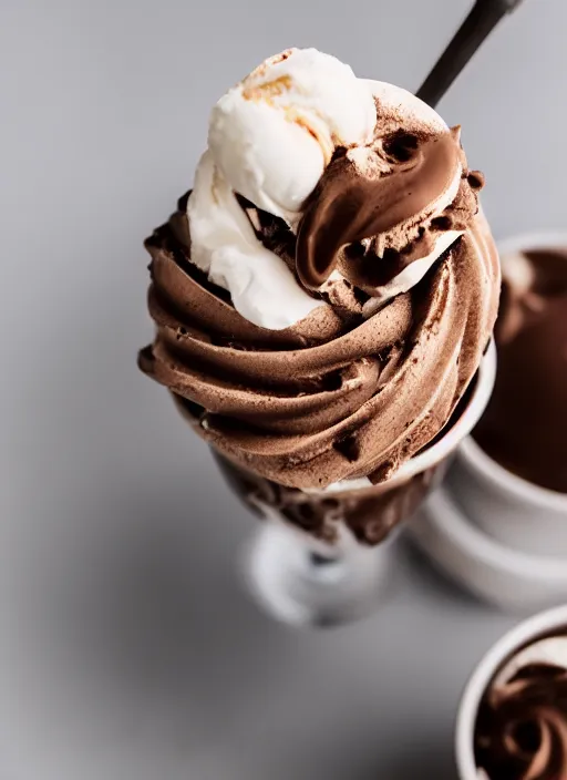 Prompt: soft serve ice cream swirl in a coup. nutella pouring all over ice cream and all over cup. beautiful tasty delightful cinematic. s 3 5 mm f / 2. 8 macro is stm