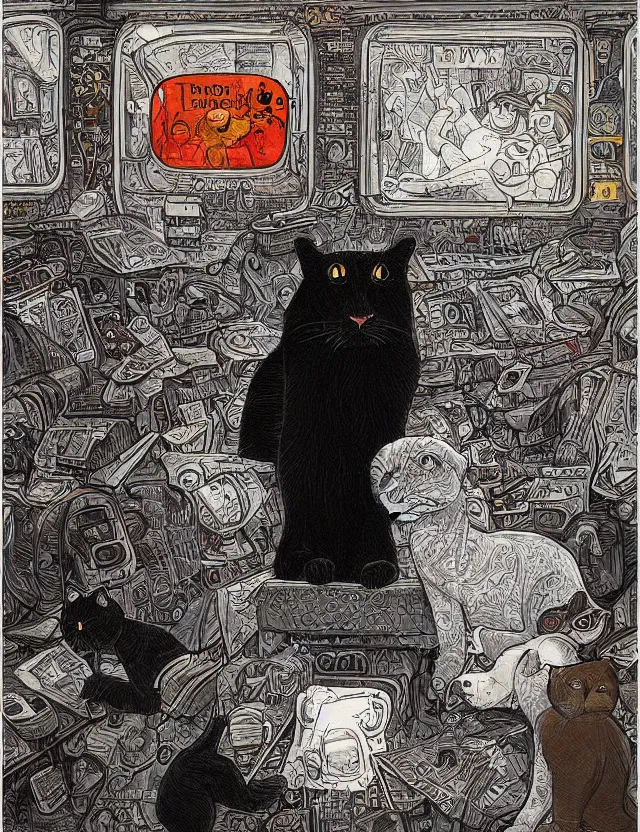 Image similar to realistic portrait of a stoned black cat and a lion lost in the very busy NYC subway looking at a train arriving to late by James Jean