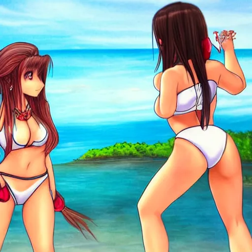 Prompt: beautiful aerith and tifa and jessie from final fantasy in a bikini on the beach making eye contact drawn by sakimichan