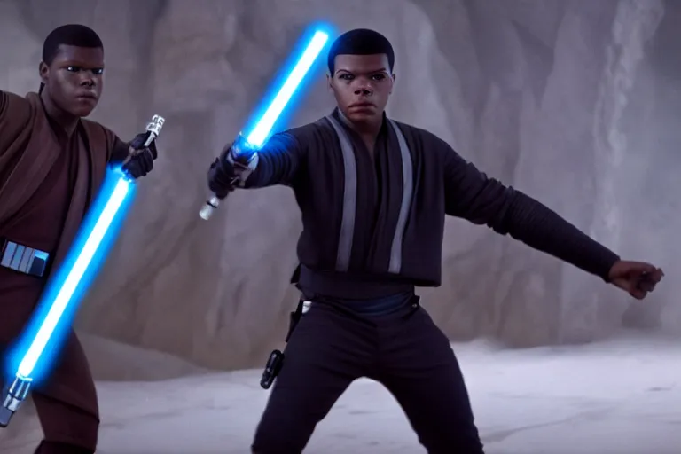 Image similar to Star Wars, Finn played by John Boyega does jedi training with a lightsaber ultra realistic, 4K, movie still, UHD, sharp, detailed, cinematic