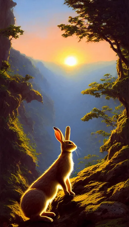 Image similar to hyper realistic rabbit looking off of a cliff, sun setting behind rabbit silhouette, lush forest in valley below, painted by craig mullins, j. c. leyendecker 8 k