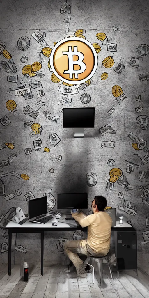 Image similar to typical cryptocurrency nerd, bitcoin decals on wall, sitting in front of the computer, shilling, dark basement decay, fat and dirty, scruffy looking, claustrophobia, humidity in walls, award - winning photomanipulation