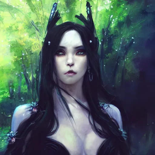 Prompt: fantasy girl mage wearing a black dress in a forest, dramatic fantasy art, by yoshitaka amano, trending on artstation, 4 k, expressive oil painting, close - up face portrait, vivid colors