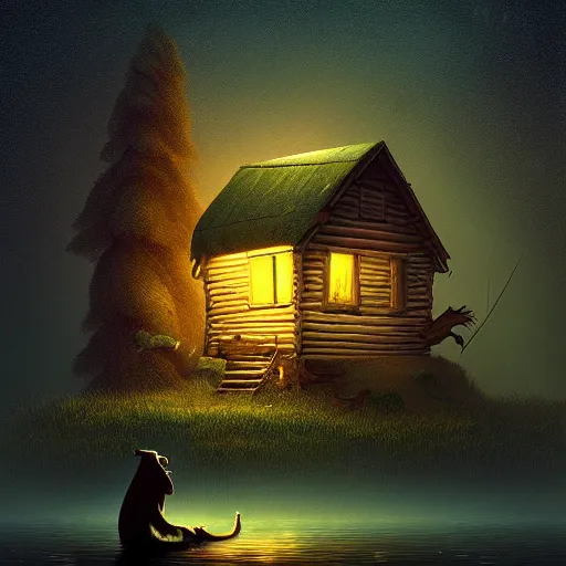 Image similar to A painting of a luminous old cabin in the swamp lands, a freindly bigfoot with a fish, by Gediminas Pranckevicius, cinematic lighting