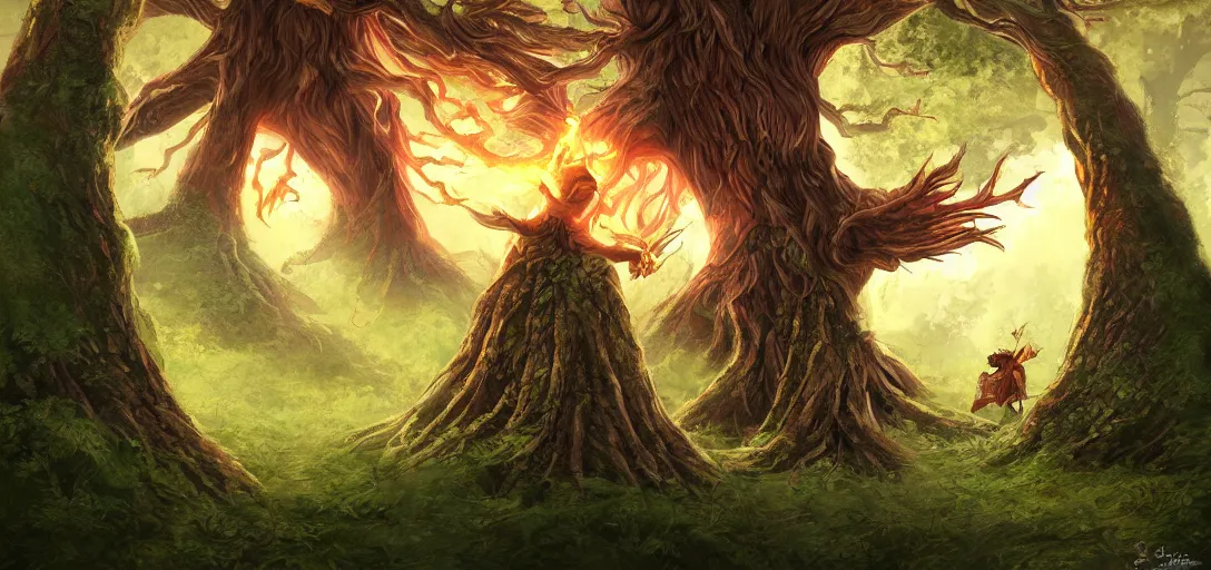 Image similar to An epic battle between a fire mage and a giant ent, digital art