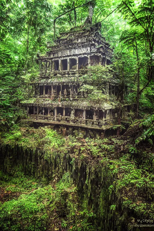 Prompt: abandoned fractal temple in middle of a rainforest, realistic dslr photograph, shot on film