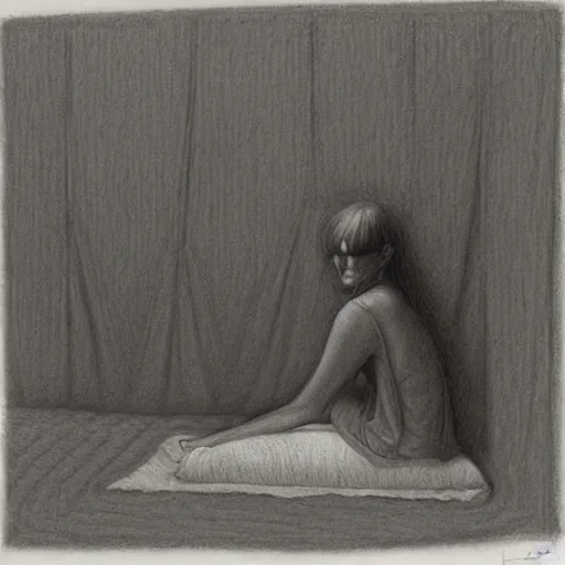 Image similar to highly detailed charcoal drawing of woman sitting on the carpeted floor beside a bed, working on her laptop by aron wiesenfeld