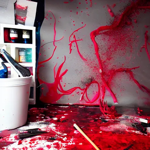 Prompt: a clean studio photography set, there is a bucket of red paint and it has just viciously exploded, there is paint EVERYWHERE, even on the octopus