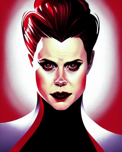 Image similar to vampire : : rafeal albuquerque comic art, artgerm : : gorgeous amy adams : : sharp teeth, open mouth sneer : : symmetrical face, symmetrical eyes : : gorgeous red hair : : magic lighting, low spacial lighting : :