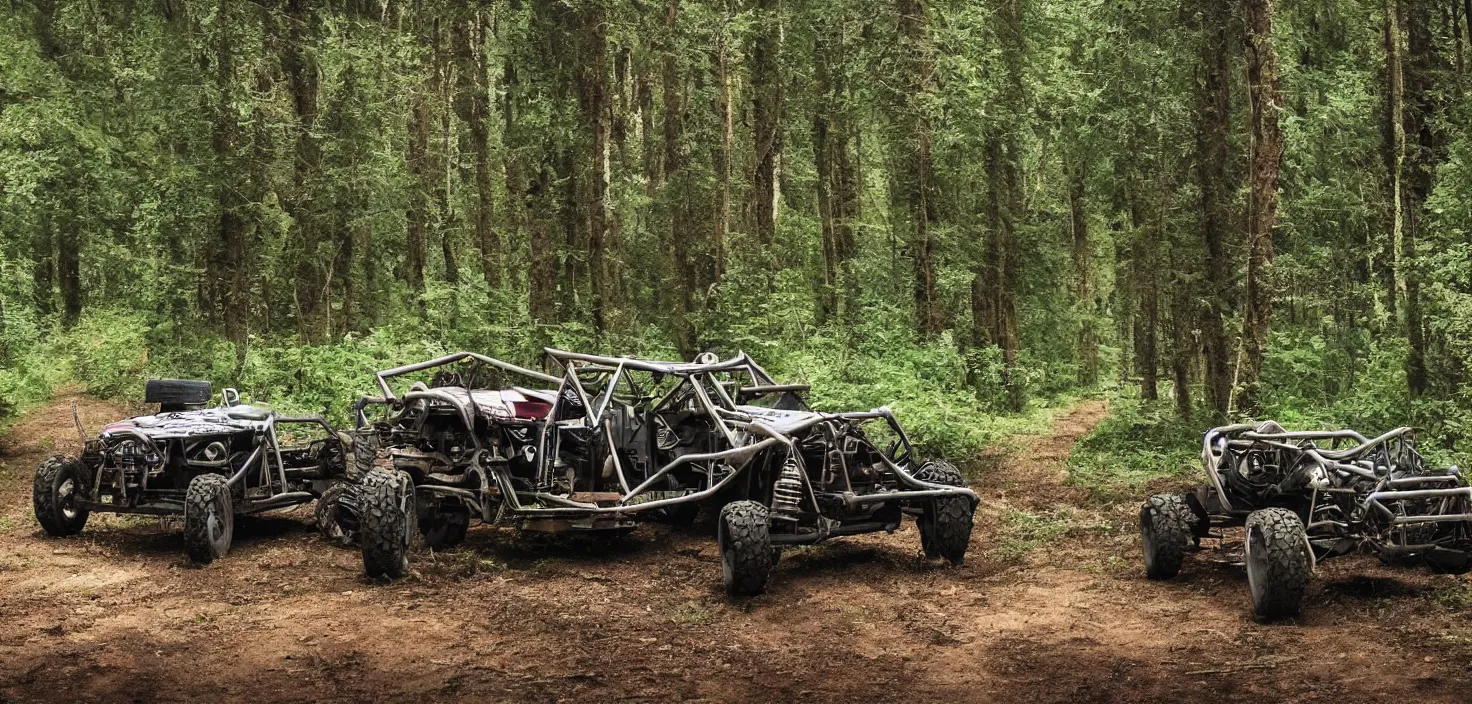 Image similar to off road buggy in the forest, artstatiom, 4 k, incredibly detailed