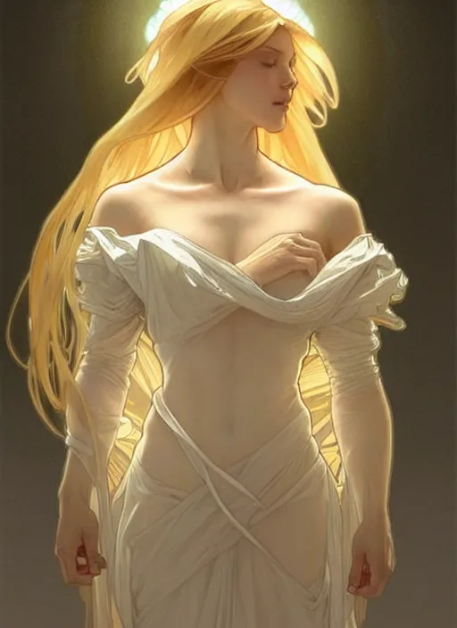 Image similar to digital character concept art by artgerm and greg rutkowski and alphonse mucha. clear portrait of a modern young wife blessed by god to uncontrollably grow overwhelmingly perfect!! blonde, in clothes! feminine well - formed holy body!! light effect. hyper detailed, glowing lights!! intricate, elegant, digital painting, artstation, smooth, sharp focus