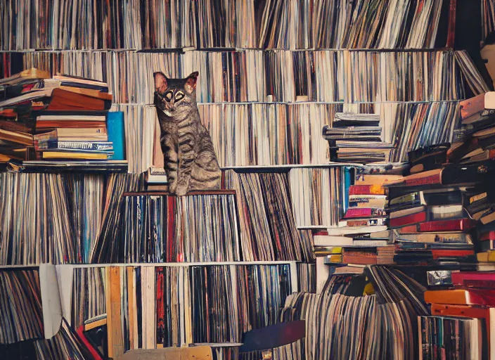 Image similar to photography of a Cat sitting on a pile of books and vinyls. a record player is in the shot. in a room full of vinyls and posters out of the 70's, photorealistic, raining award winning photo, 100mm, sharp, high res