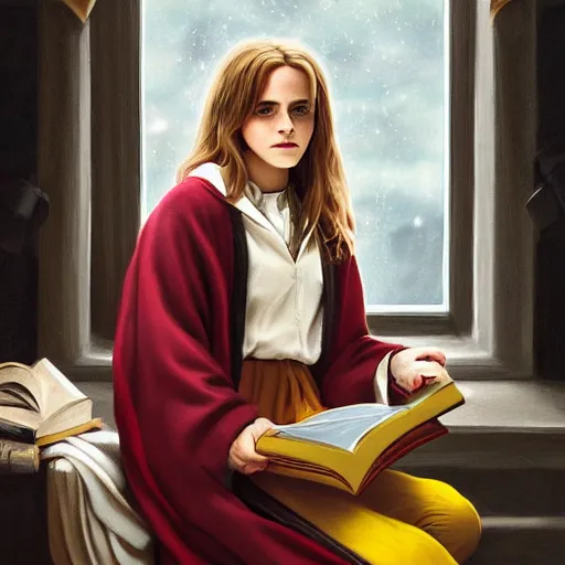 Prompt: portrait of Emma Watson as Hermione Granger sitting next to a window reading a book, wearing Hogwarts school robes, focused expression, golden hour, art by Kenne Gregoire, trending on artstation