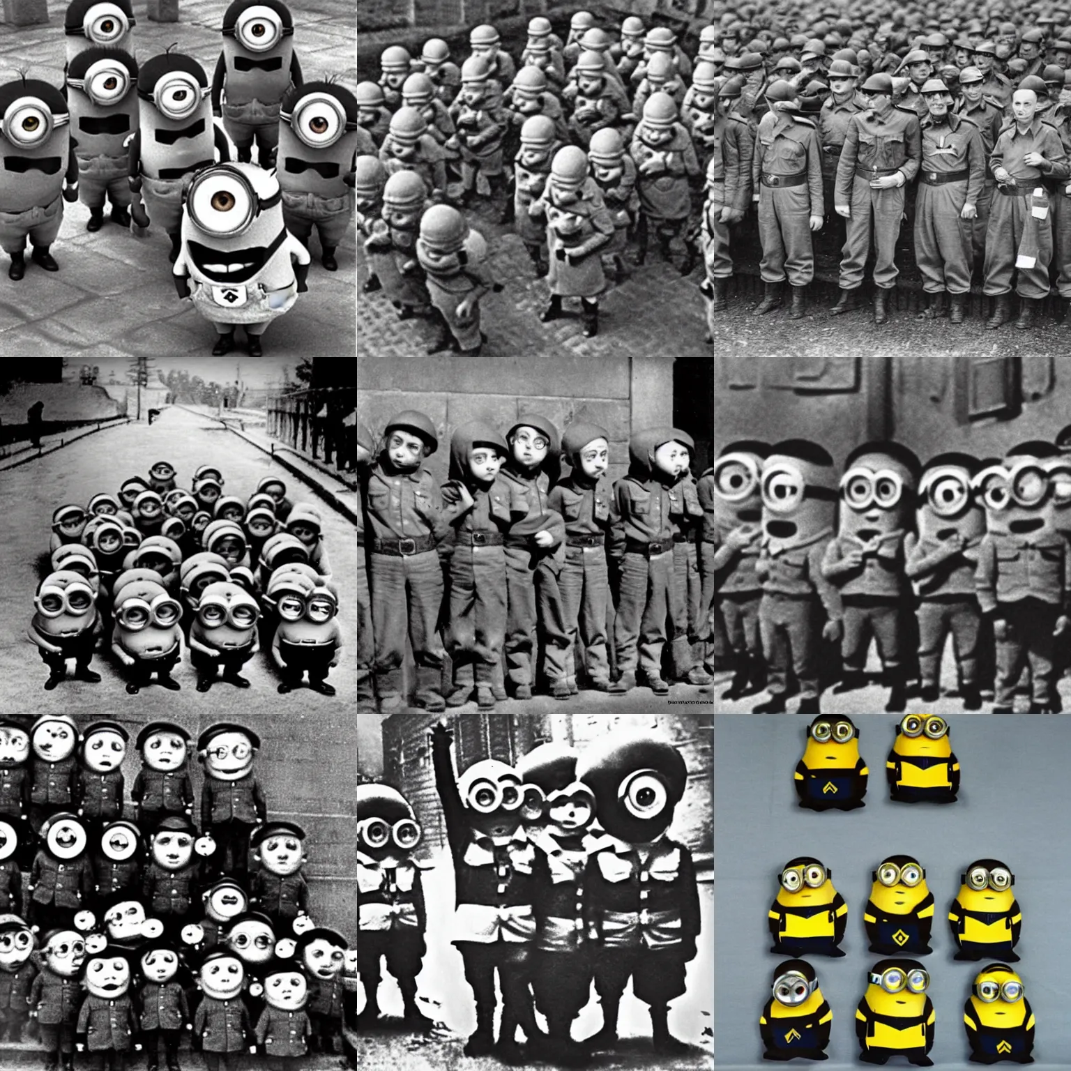 Prompt: photo of minions from despicable me dressed as nazi soldiers in nazi germany, circa 1 9 4 2, highly detailed, award winning
