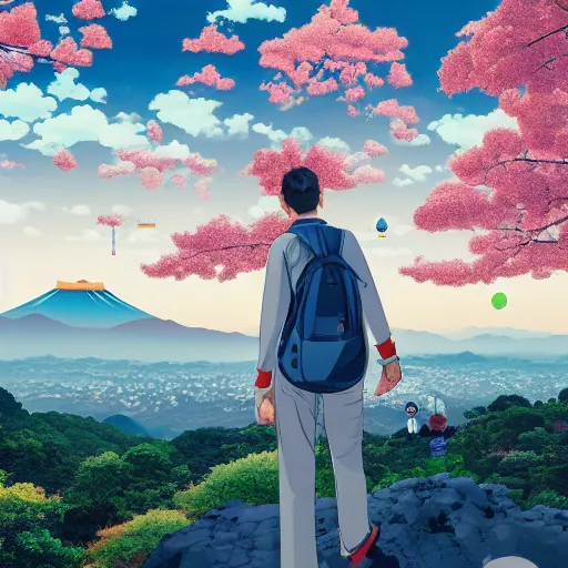 Image similar to a man walking on clouds away from the camera above kyoto by takashi murakami, beeple and james jean, aya takano color style, 4 k, super detailed, modern, 4 k, symmetrical