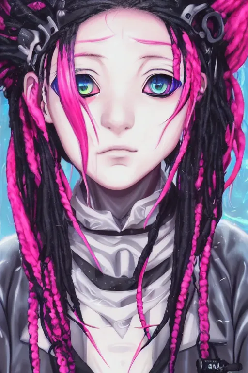 Prompt: portrait of an anime manga cybergoth girl with pink and black floating dreads, straight on portrait, by artgerm, james jean, tom bagshaw, gerald brom, vaporwave colors, lofi colors, vaporwave, lofi, moody vibe, goth vibe, 4 k, hd,