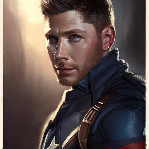 Prompt: A portrait of Jensen ackles as captain america, marvel art, art by greg rutkowski, matte painting, trending on artstation