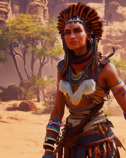 Image similar to character concept art of the egyptian high priestess isis aset, screenshot from horizon zero dawn, 4 k uhd, octane render