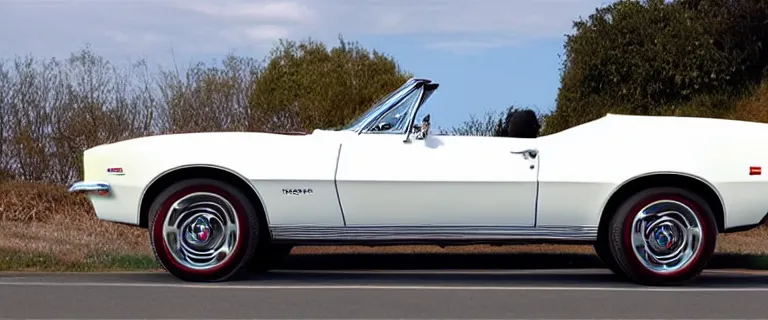 Image similar to Ermine White Chevrolet Camaro Z/28 Convertible (1967), red interior, soft top, created by Barclay Shaw