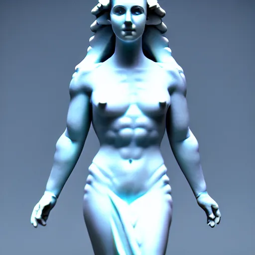 Image similar to sci - fi cgartist wide shot anaglyph ambient occlusion rendering of a hyper realistic marble greek statuary regal goddess glowing with embedded leds head product photo high key colored lighting, trending on artstation volumetric lighting