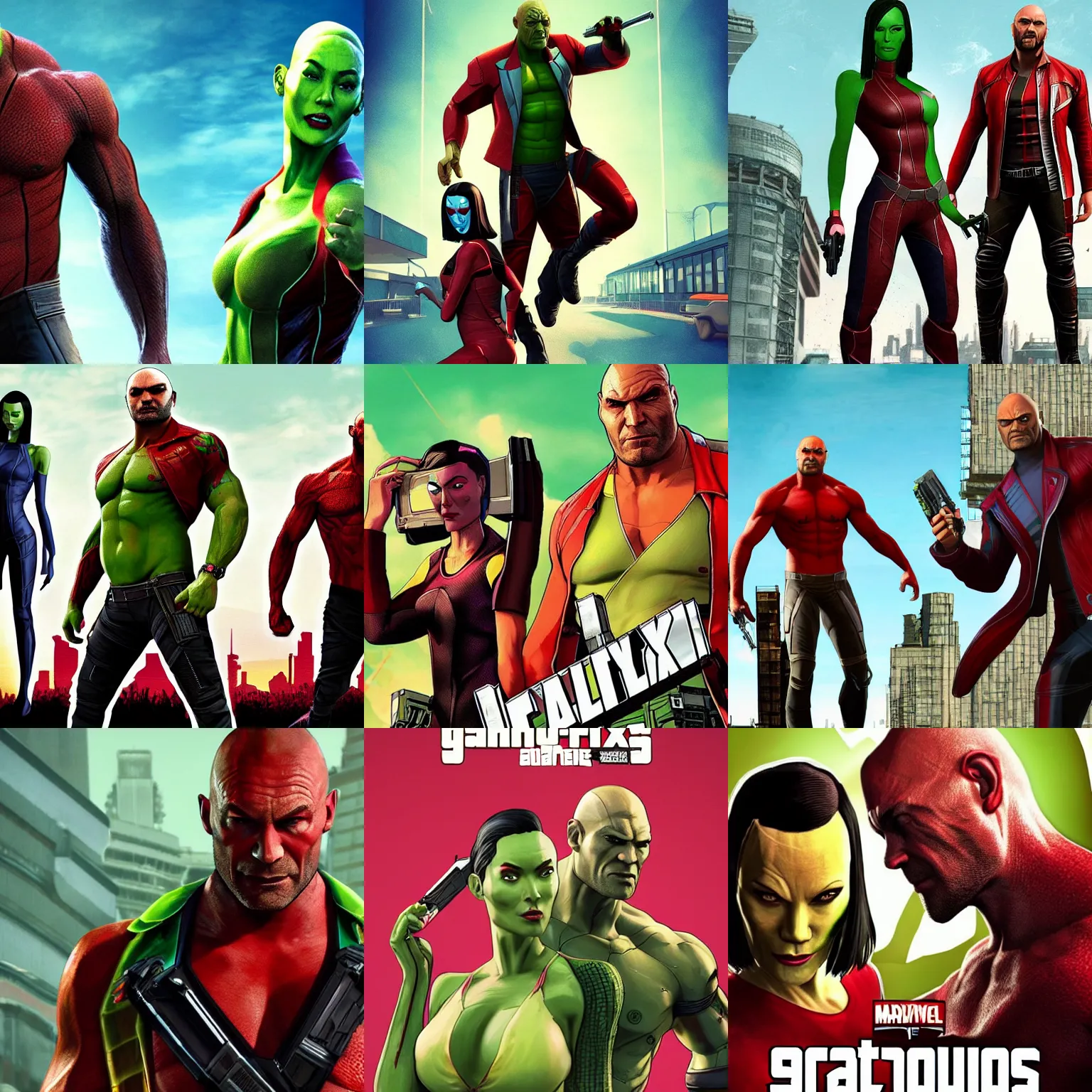 Prompt: Drax and Mantis from Guardians of the Galaxy movie poster GTA style