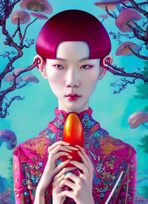 Image similar to pretty chinese model with hallucination mushroom : : by martine johanna and simon stalenhag and chie yoshii and casey weldon and wlop : : ornate, dynamic, particulate, rich colors, intricate, elegant, highly detailed, centered, vogue, harper's bazaar art, fashion magazine, smooth, sharp focus, octane render, 8 k