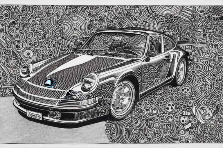 Image similar to a black and white drawing of a porsche 9 1 1, a detailed mixed media collage by hiroki tsukuda and eduardo paolozzi and moebius, intricate linework, sketchbook psychedelic doodle comic drawing, geometric, street art, polycount, deconstructivism, matte drawing, academic art, constructivism