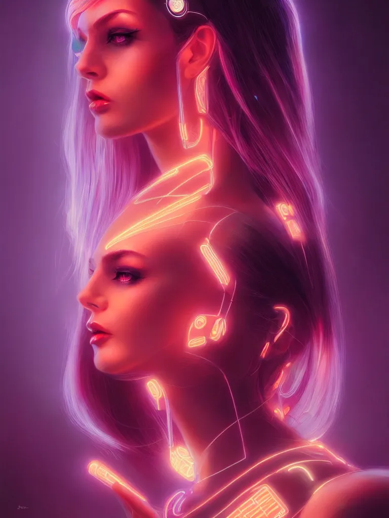 Image similar to portrait of female humanoid from 6 0 s era, intricate, elegant, cyber neon lights, highly detailed, digital painting, artstation, glamor pose, concept art, smooth, sharp focus, illustration, art by artgerm and greg rutkowski