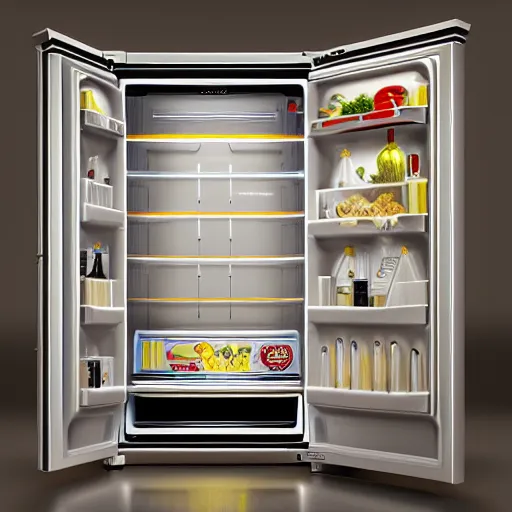 Image similar to product photo of a fridge, by artgerm and greg rutkowski and marc newson, alphonse mucha, zaha hadid, volumetric light, detailed, octane render, midsommar