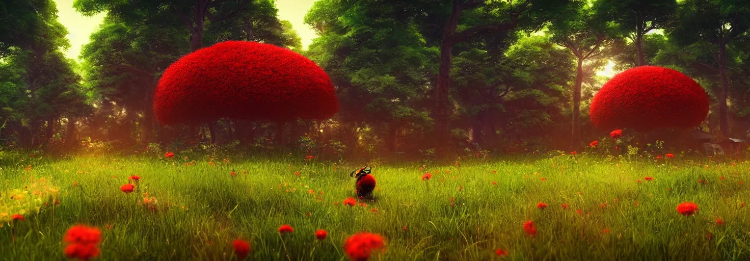 Image similar to stunning glowing dominant large highlighted crimson - black beehive, large cute bee, in a beautiful forest meadow village landscape, flowers, happy trees, photorealistic, octane render, rtx, hdr, unreal engine, digital art widescreen 8 k, studio ghibli, disney, wlop