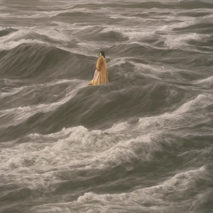 Prompt: a woman wearing wrapped in plastic, standing in front of a giant tsunami wave, color photograph, by vincent desiderio, canon eos c 3 0 0, ƒ 1. 8, 3 5 mm, 8 k, medium - format print