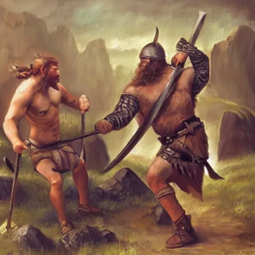 Prompt: A viking fighting a troll, oil painting