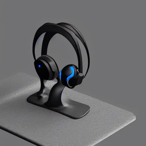 Image similar to headphone stand, futuristic, techno, cyberpunk, product design, 3 d render, 3 d concept, 3 d product render, isometric design fun, swag