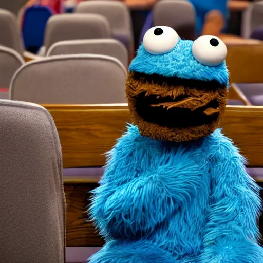 Image similar to cookie monster sitting on chair at overeaters anonymous meeting, highly detailed, sad,