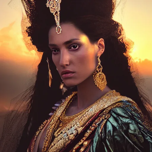 Image similar to portrait of a stunningly beautiful female empress at sunset, fashion photoshoot, by edward robert hughes, annie leibovitz and steve mccurry, david lazar, jimmy nelsson, breathtaking, 8 k resolution, extremely detailed, beautiful, establishing shot, artistic, hyperrealistic, beautiful face, octane render