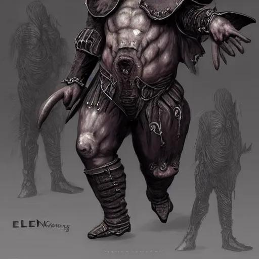 Image similar to elefant - human hybrid eldenring boss. bloodbourne, fromsoftware, conceptart.