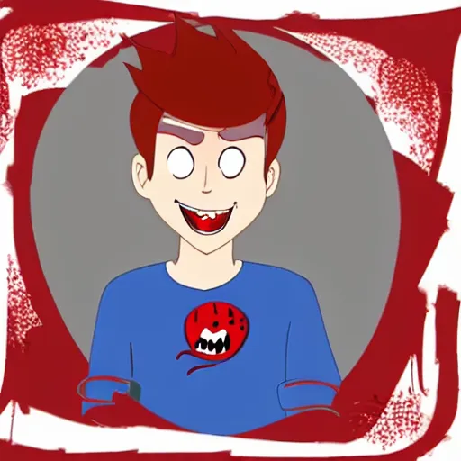 Image similar to a male cartoon teen in red with blood and an evil grin with injuries wearing white shirt on a burning background and short hair