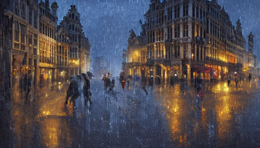 Image similar to brussels under rain, people with umbrella, evening, wet paved road, hyperdetailed, artstation, cgsociety, 8 k