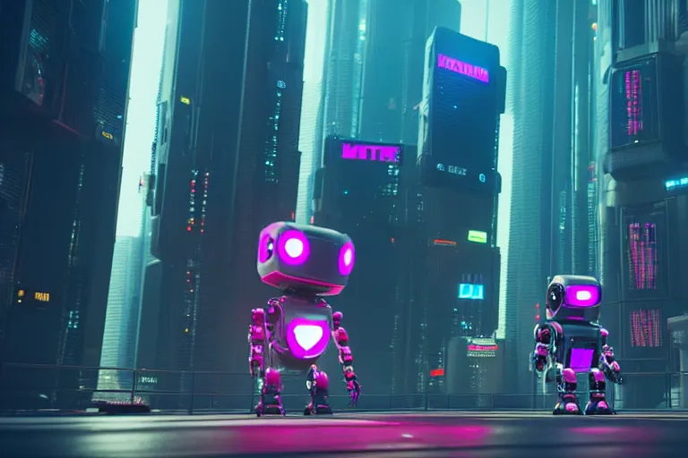 Image similar to a cute big robots in a cyberpunk city. super realistic 8 k render of a elegant, cinematic composition