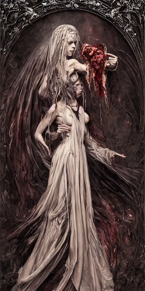 Prompt: breathtaking detailed soft painting of grim reaper in gauze dress, with long hair and piercing eyes in bleeding meat and flesh, dynamic pose and movement, in an intricate art nouveau stained glass of meat moon, rembrandt style, elegant, highly detailed, artstation, concept art, matte, sharp focus, art by tom bagshaw, luis royo and greg rutkowski