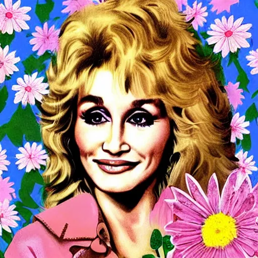 Image similar to young Dolly Parton surrounded by daisies, 70s poster design, retro, groovy, hippie