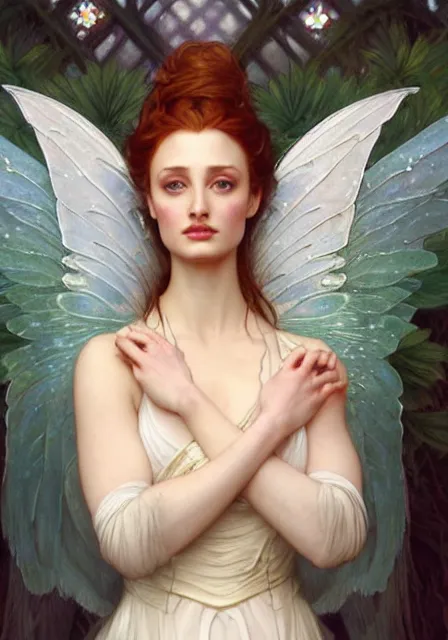 Image similar to sansa angeline jolie gessica chastain fairy, intricate, elegant, highly detailed, digital painting, artstation, concept art, smooth, sharp focus, illustration, art by artgerm and greg rutkowski and alphonse mucha and william - adolphe bouguereau