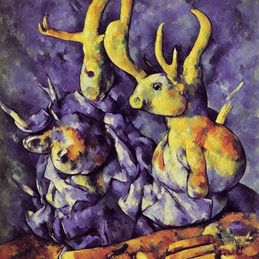 Prompt: rare hyper realistic portrait painting by cezanne, studio lighting, brightly lit purple room, a blue rubber ducky with antlers laughing at a giant crying rabbit with a clown mask